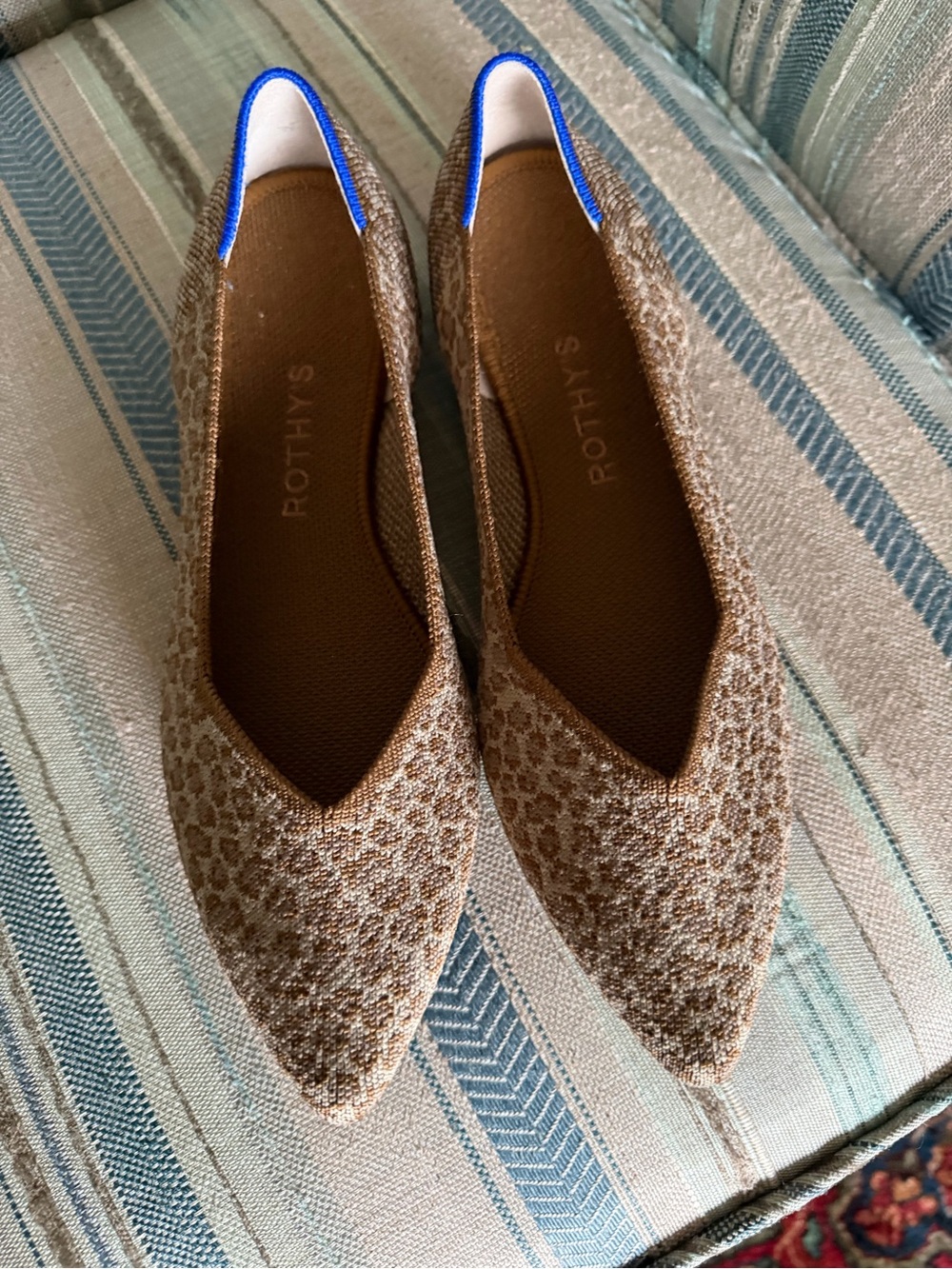 Rothy's Leopard-Print Pointed Ballet Flat in Brown with Blue Trim